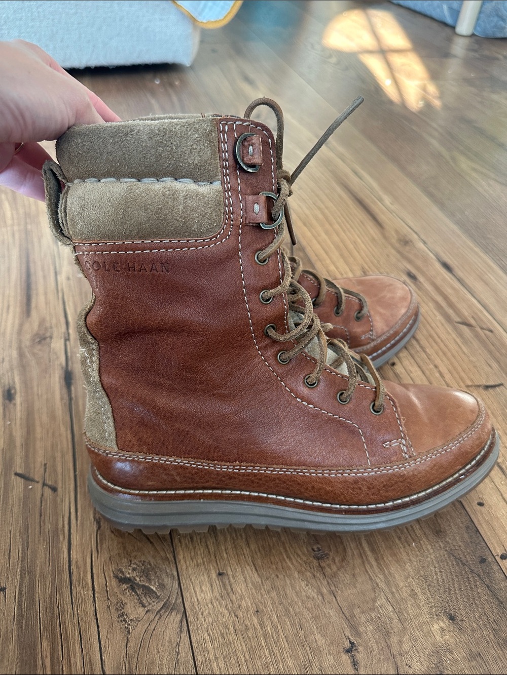 Waterproof Cole Haan Chestnut Leather Lace-Up Winter Boots with Suede Trim